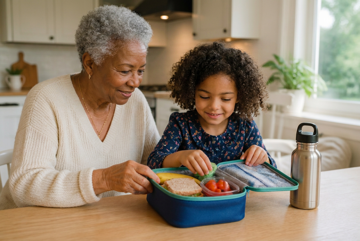 Grandmother and young child opening a pre-packed lunchbox with a stainless steel water bottle at a sunny kitchen table