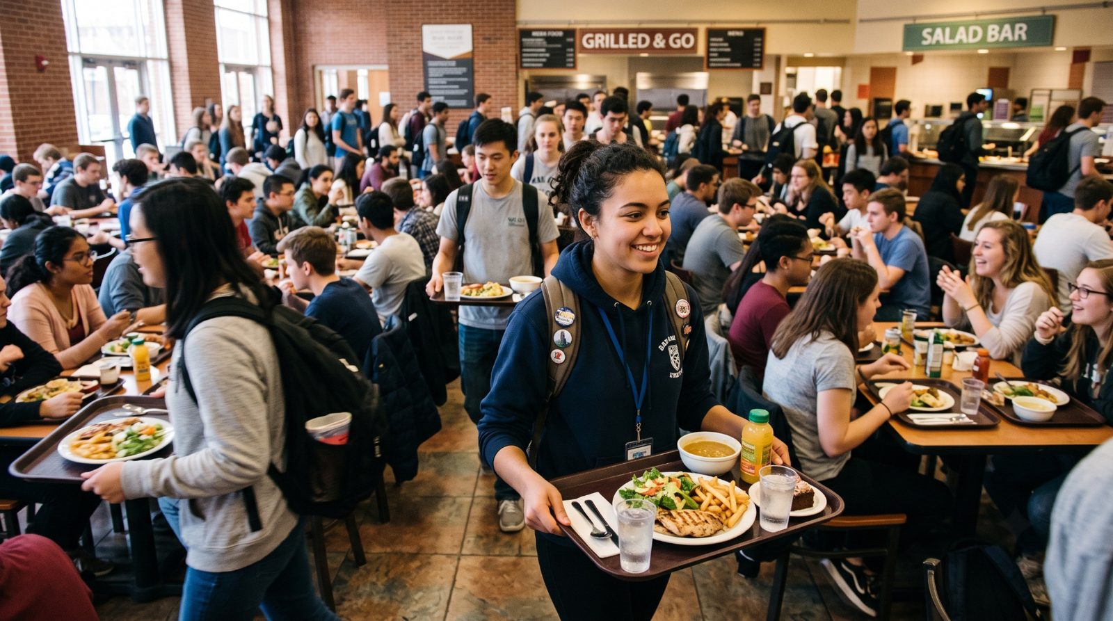 Smiling college student carrying a lunch tray through a crowded campus dining hall with a salad bar and grill in the background
