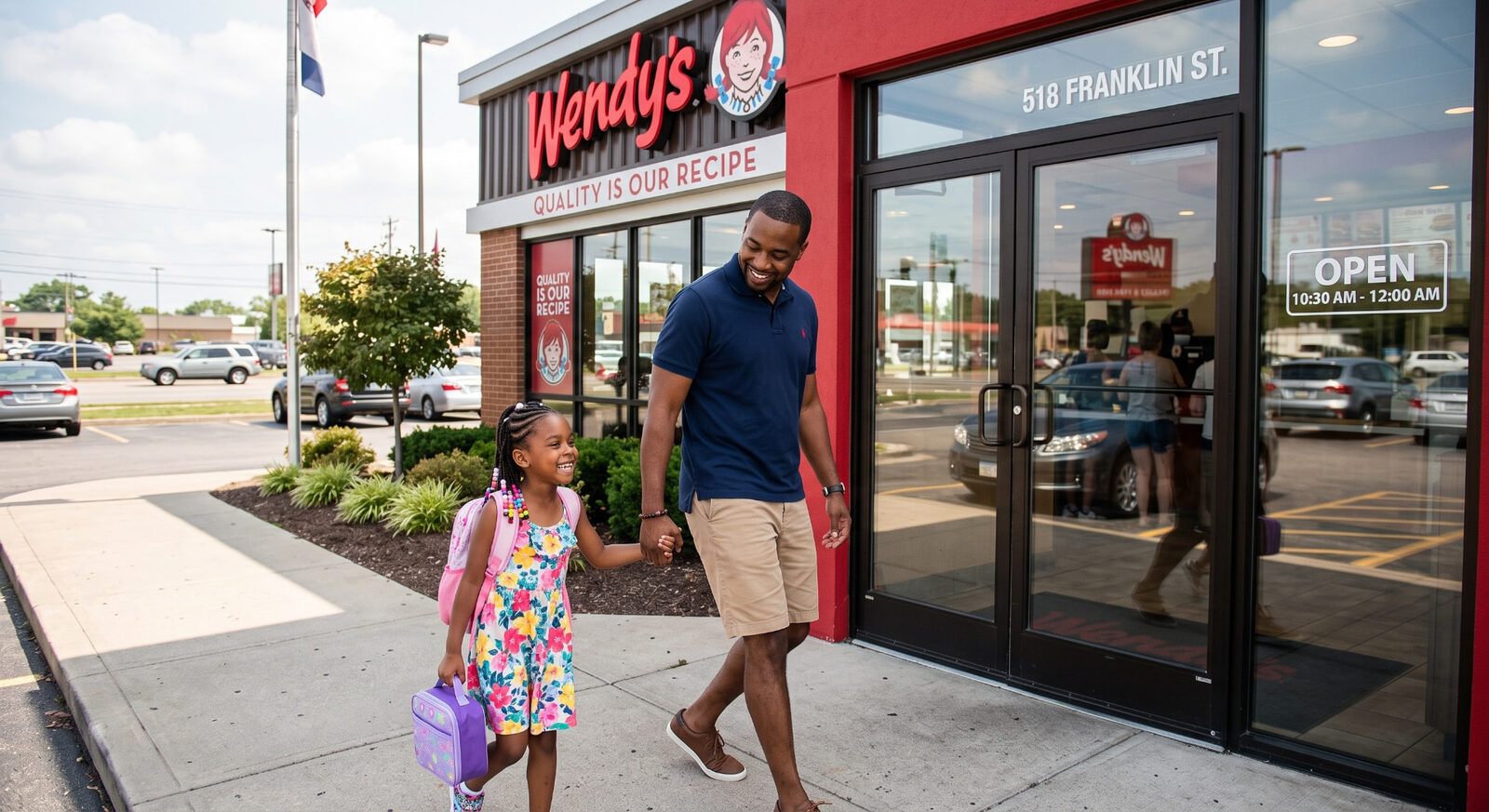 Father and young daughter walking into a Wendy's fast food restaurant on a sunny day