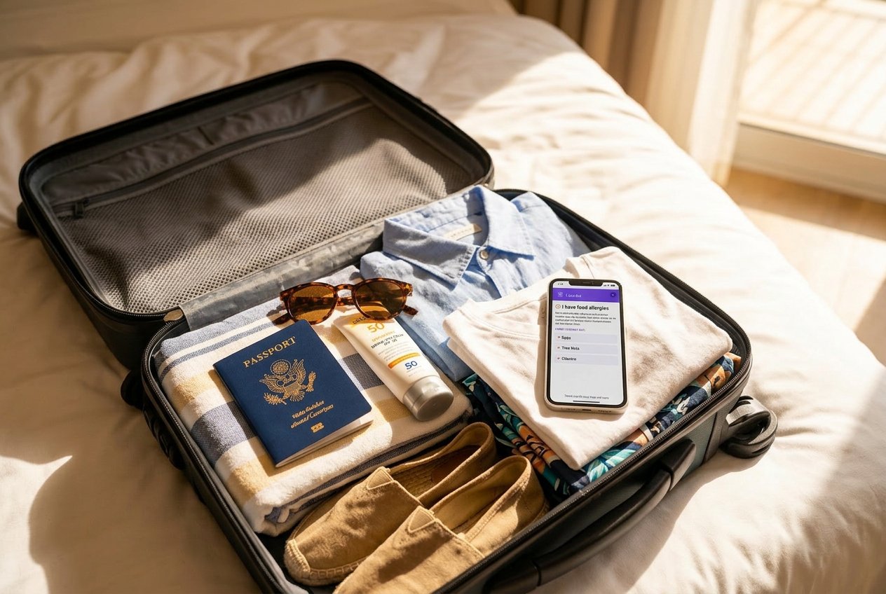 Family preparing for a vacation with food allergy essentials packed