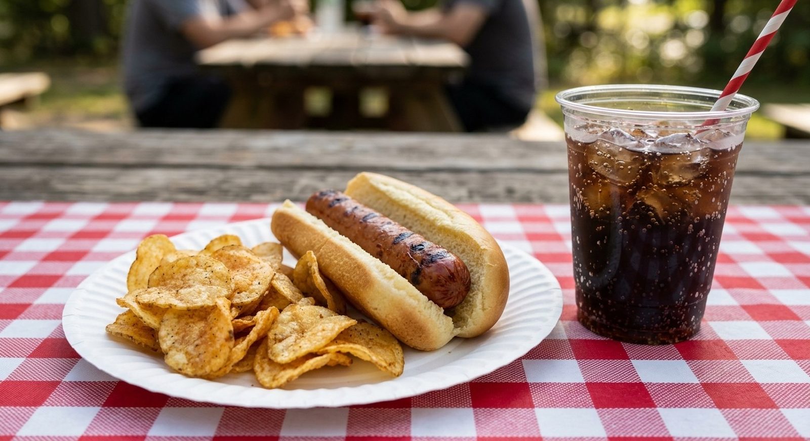 Grilled hot dog on a bun with potato chips and an iced soda on a red-checkered picnic table