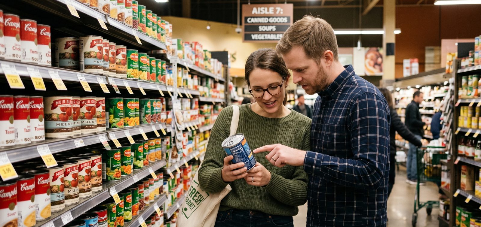 Couple in a grocery aisle carefully reading the ingredient label on a canned food product