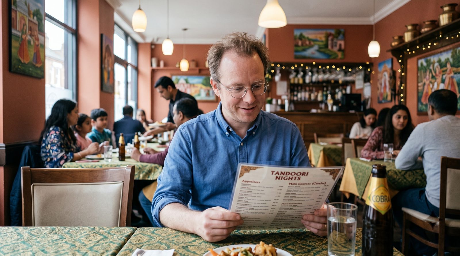 Man reading a menu at a busy Indian restaurant with warm terracotta walls and pendant lighting