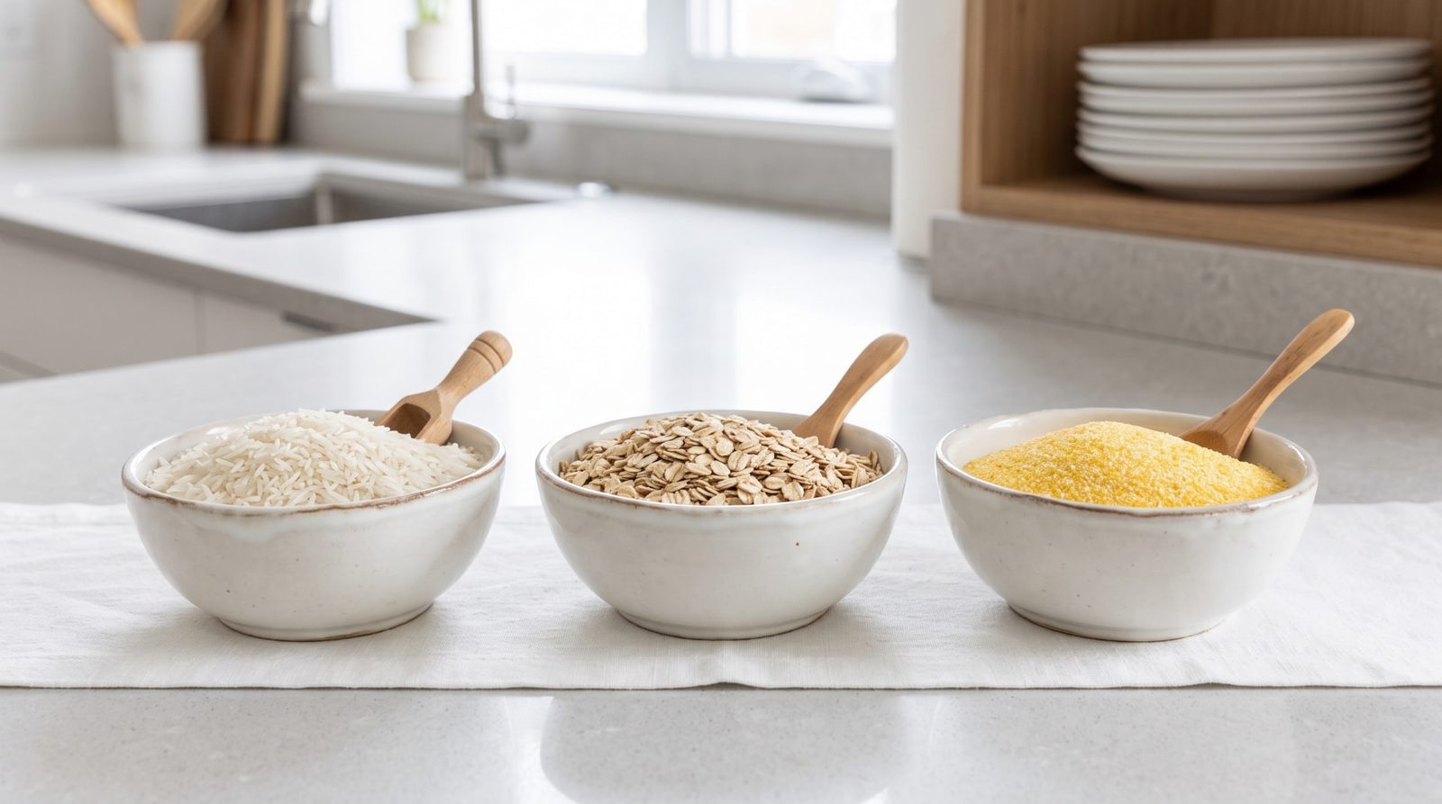 Three ceramic bowls of naturally gluten-free grains — white rice, oats, and cornmeal — on a bright kitchen counter