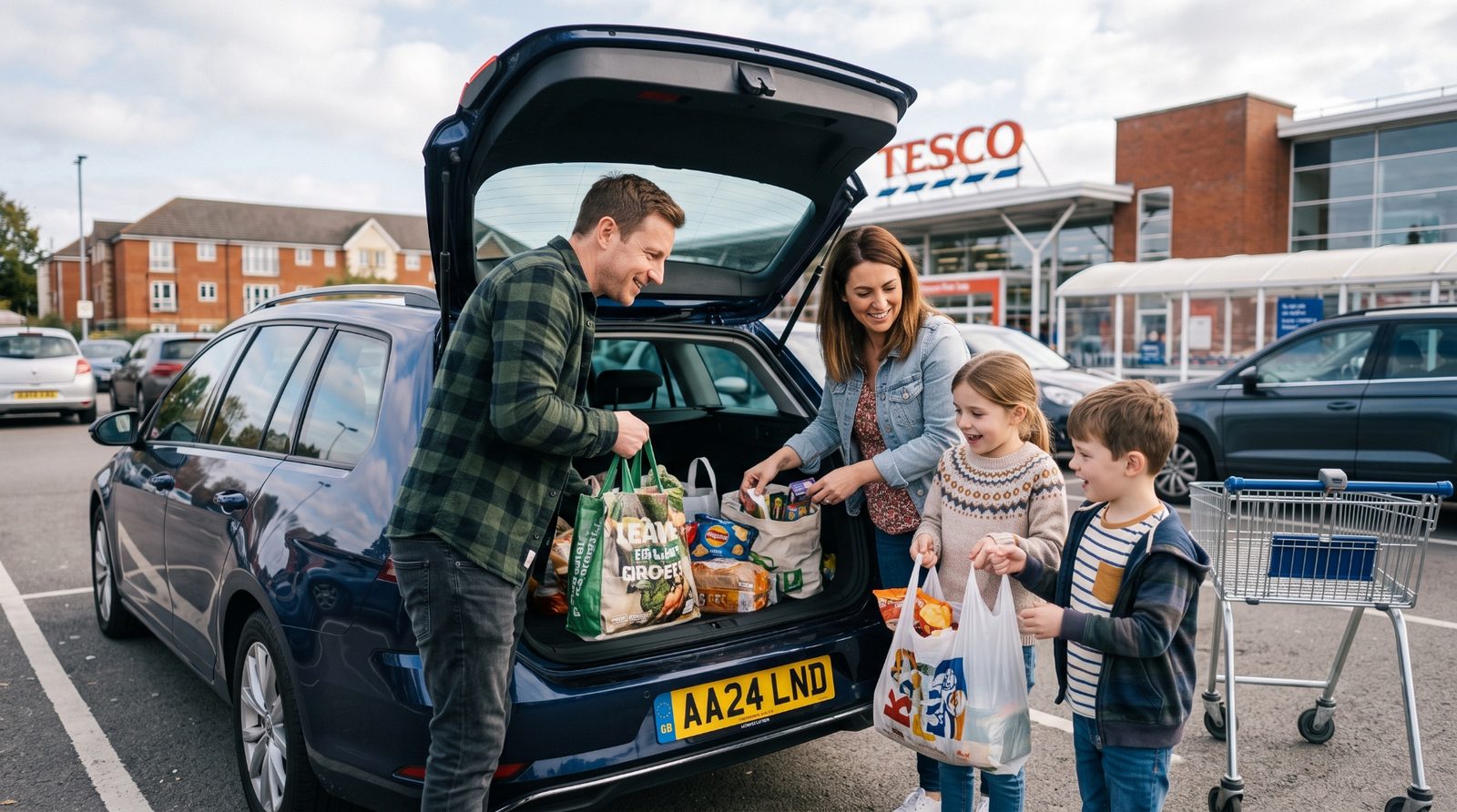 Family loading grocery bags into their car outside a Tesco supermarket in the UK
