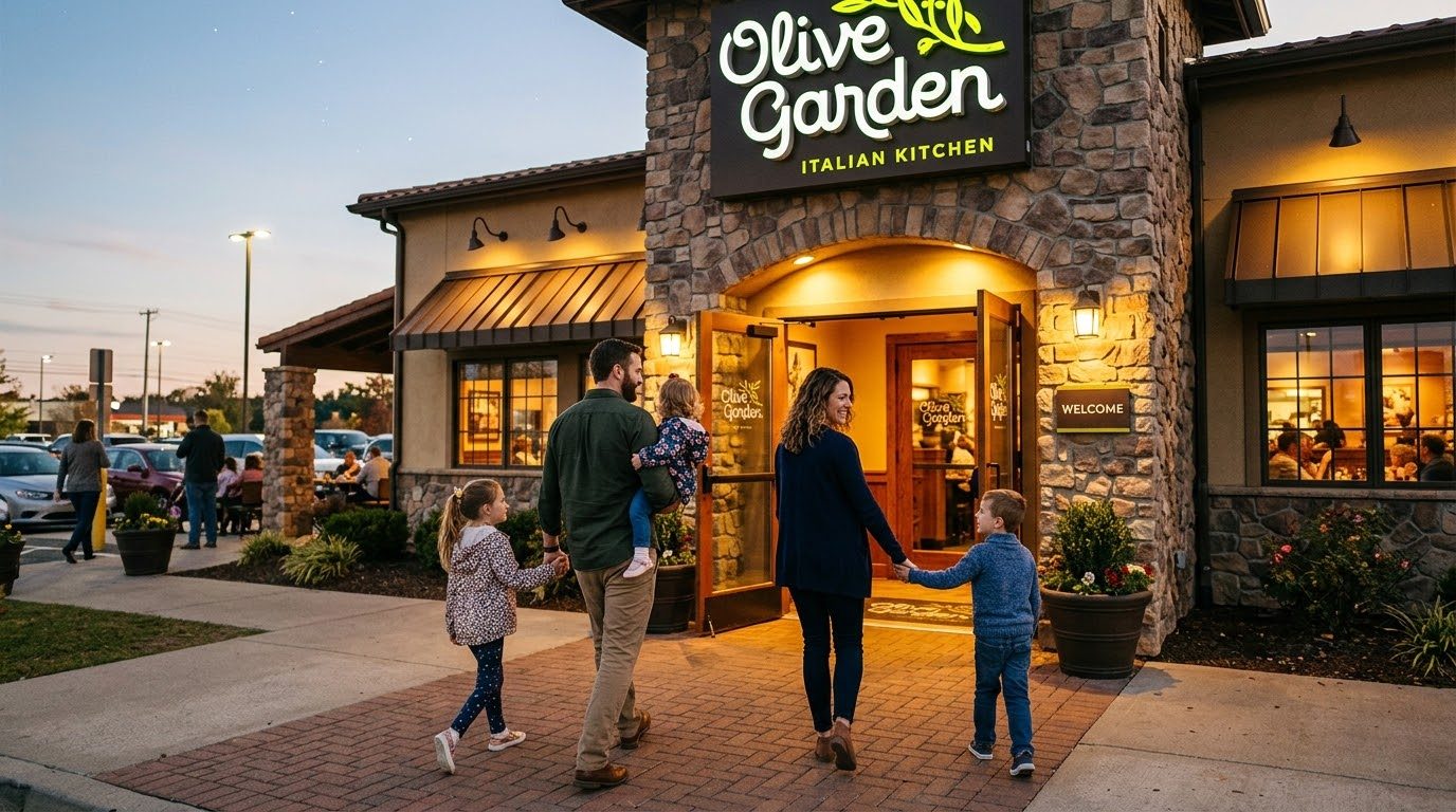 Family with two young children walking into an Olive Garden Italian Kitchen entrance at dusk