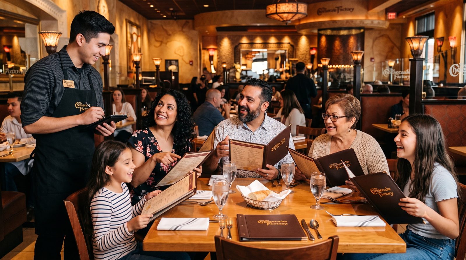 Family reviewing menus with a server inside The Cheesecake Factory restaurant