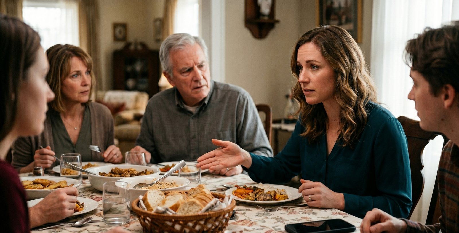 Woman at a family dinner table explaining her food allergy to relatives
