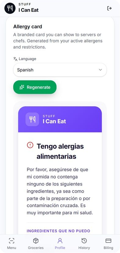 Digital allergy chef card translated into Spanish on a phone screen