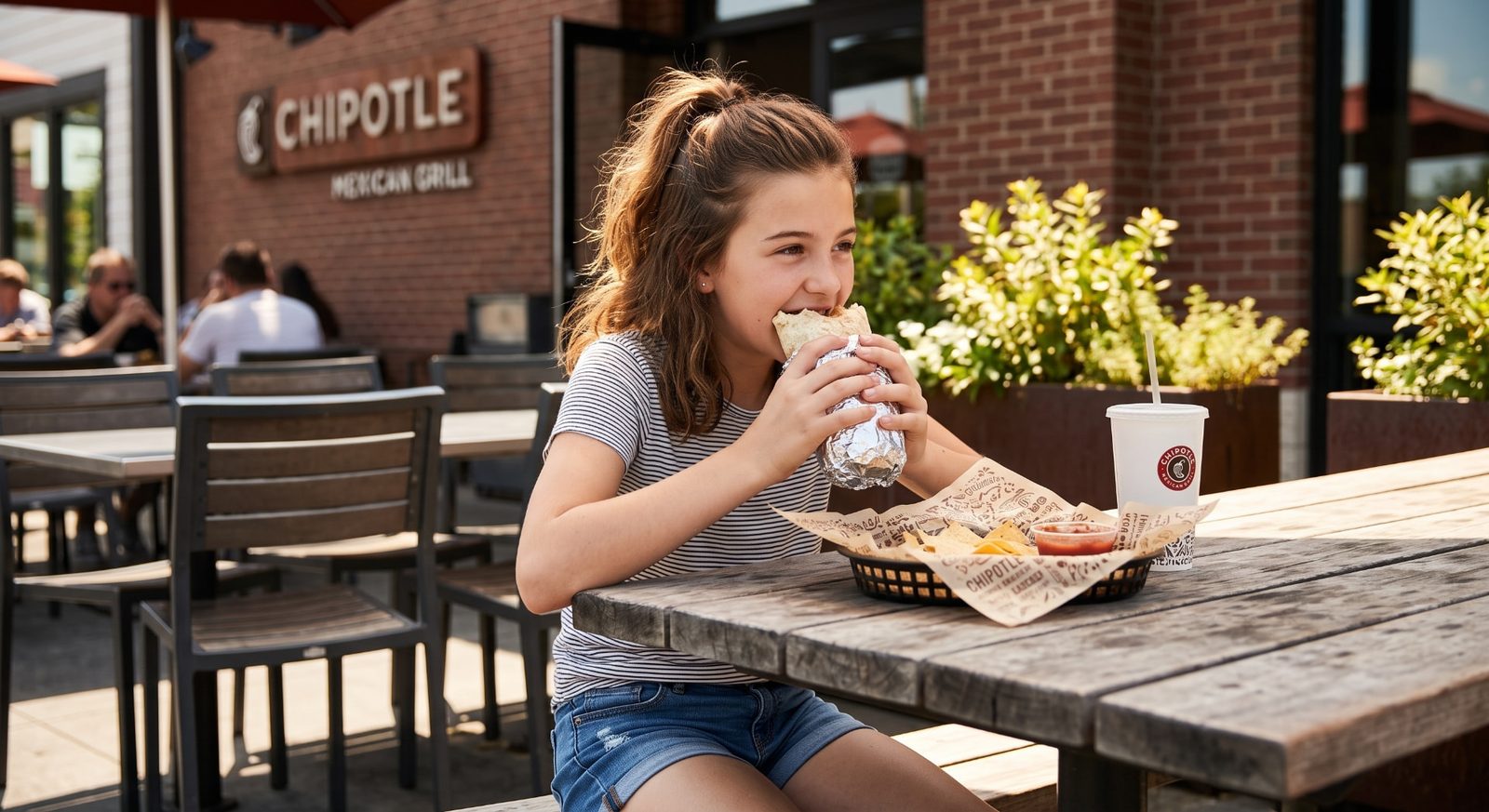Teen girl eating a foil-wrapped burrito with chips and salsa at an outdoor Chipotle patio table