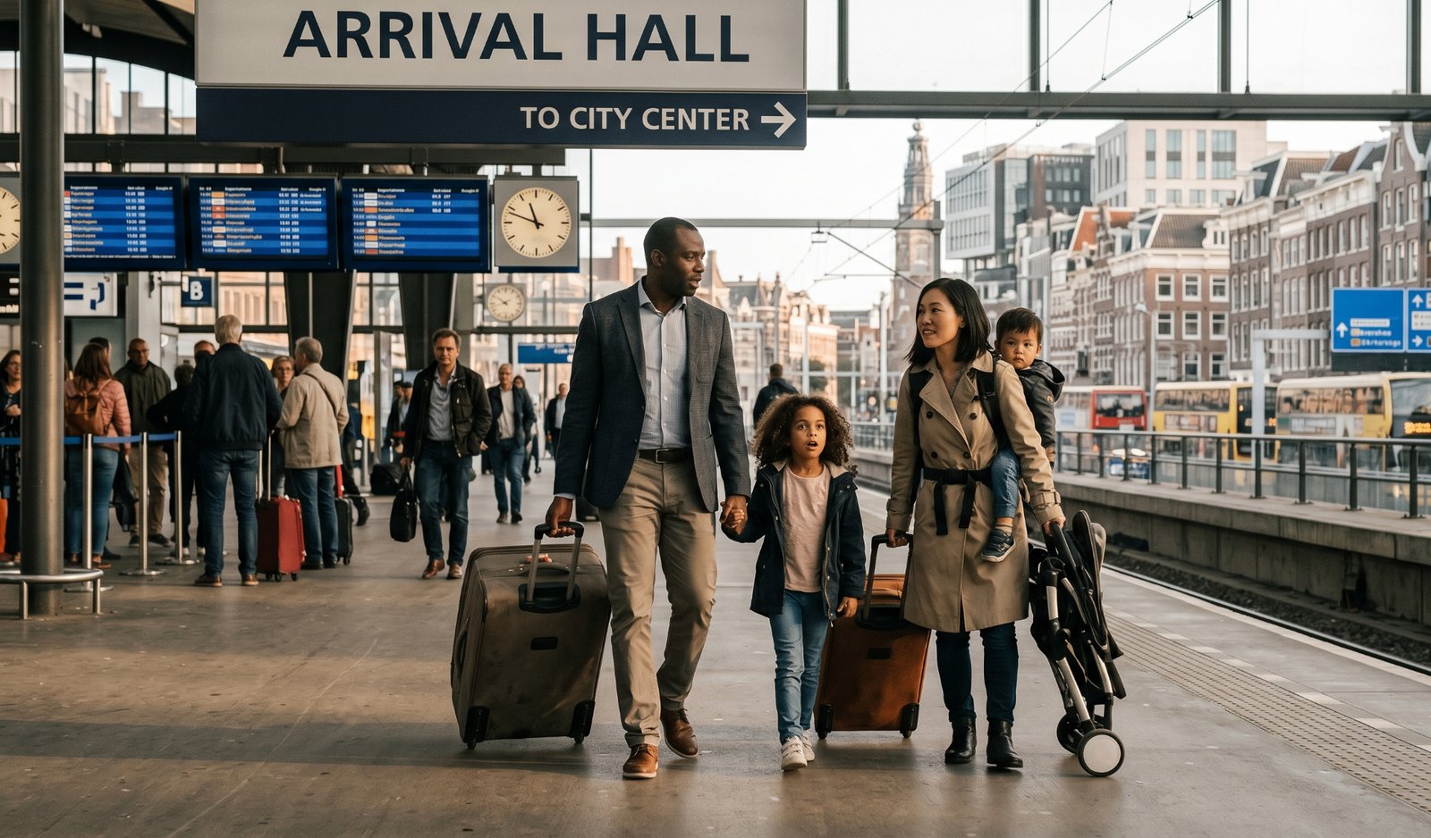 Family arriving at a train station in an unfamiliar city with luggage