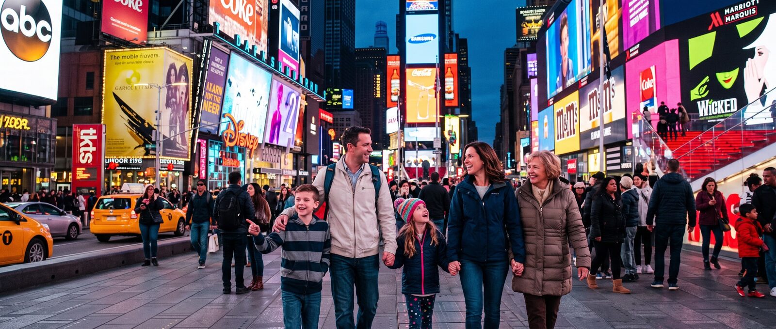 Family walking together through Times Square in New York City beneath Broadway billboards and theater lights