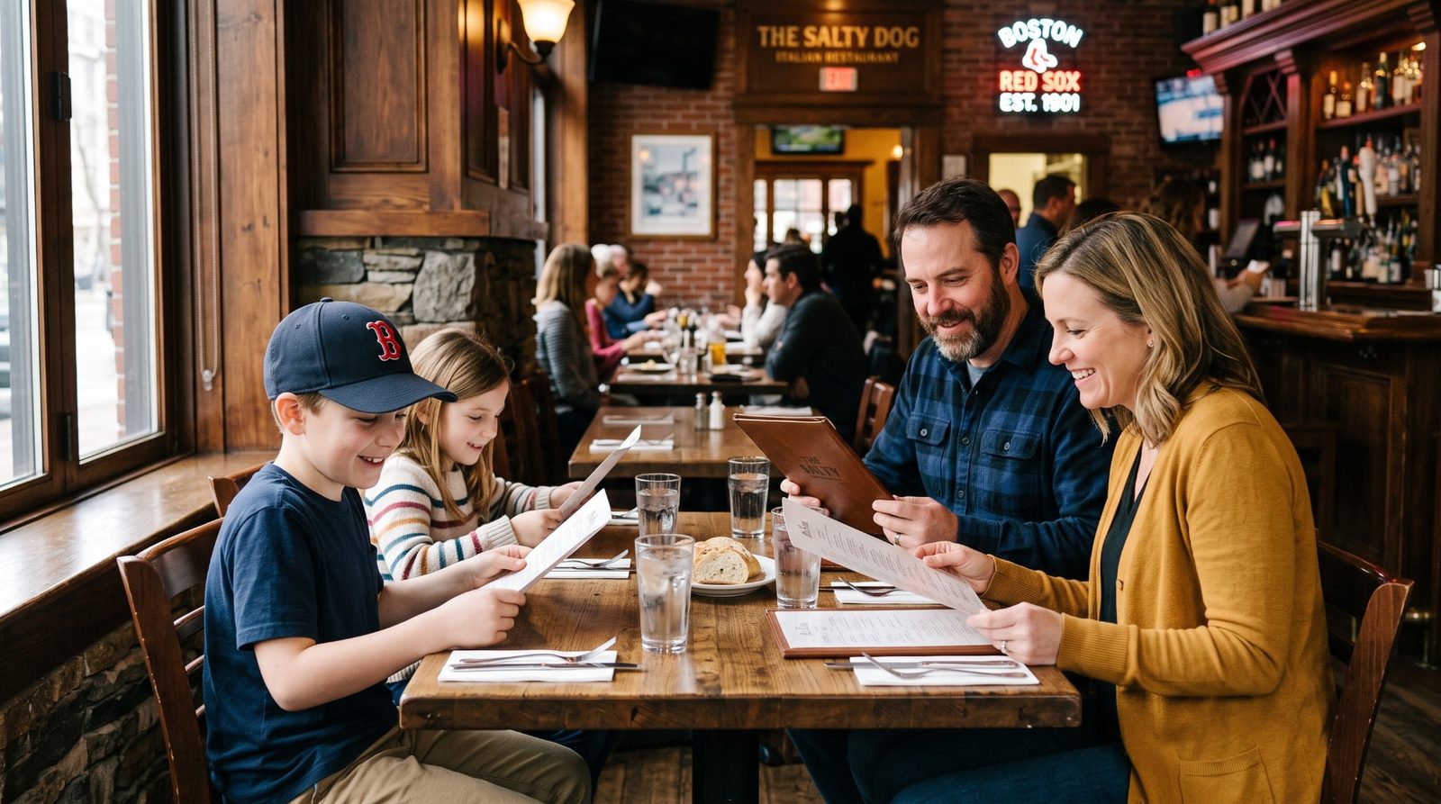 Family with two children reading menus together in a warm brick-walled Boston restaurant