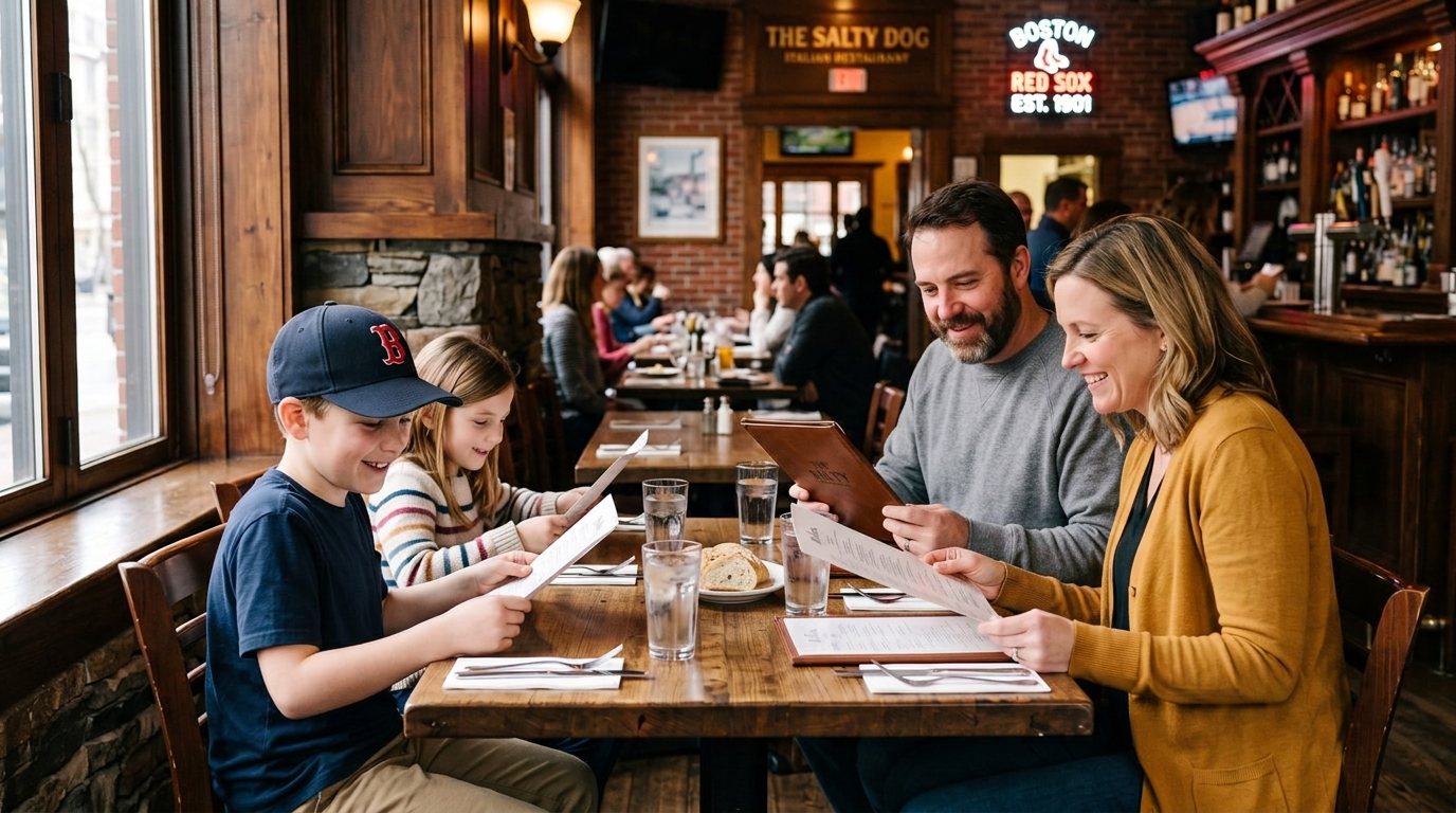 Family with two children reading menus together in a warm brick-walled Boston restaurant