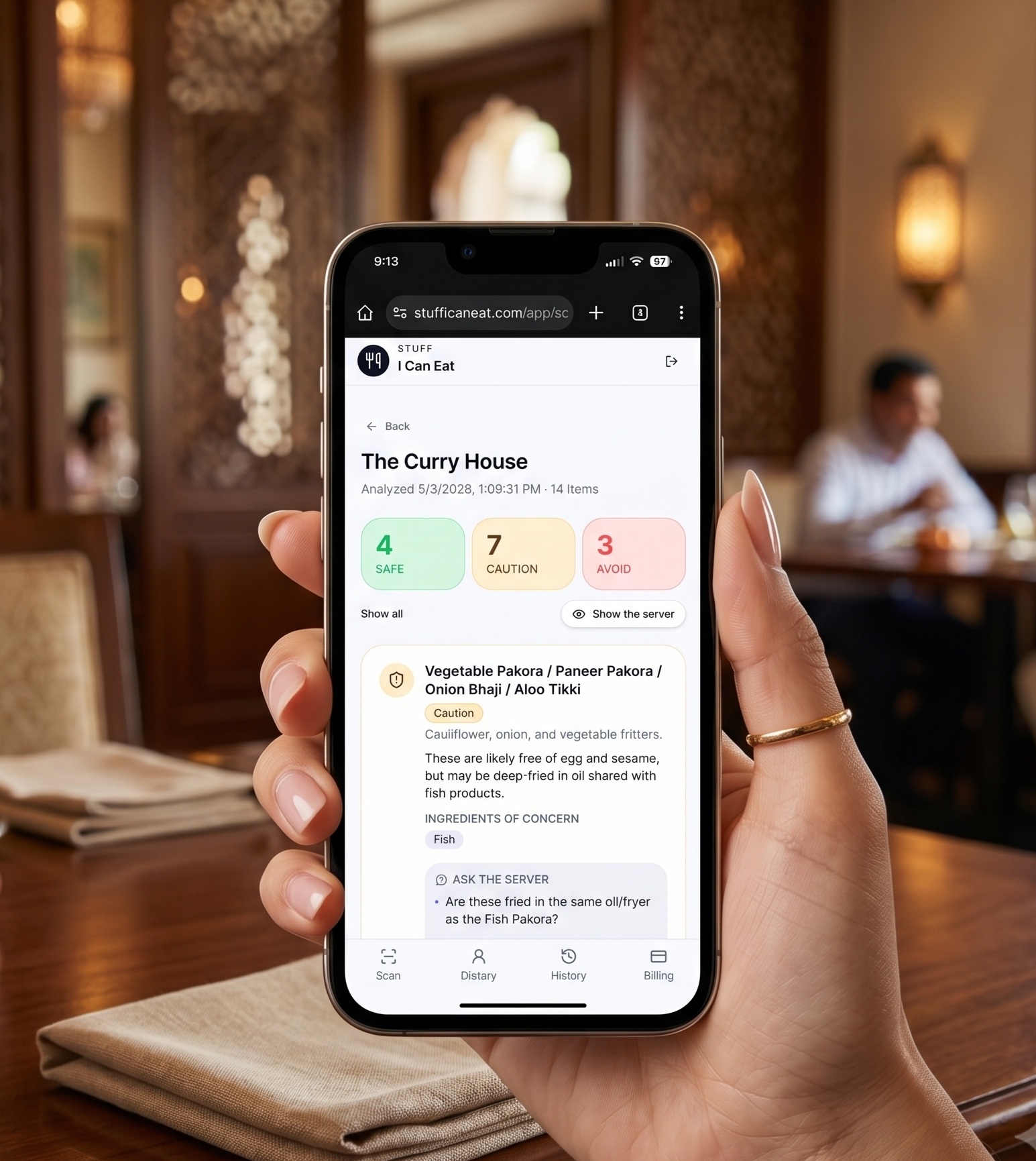 Newly diagnosed woman using Stuff I Can Eat on her phone to check a restaurant menu