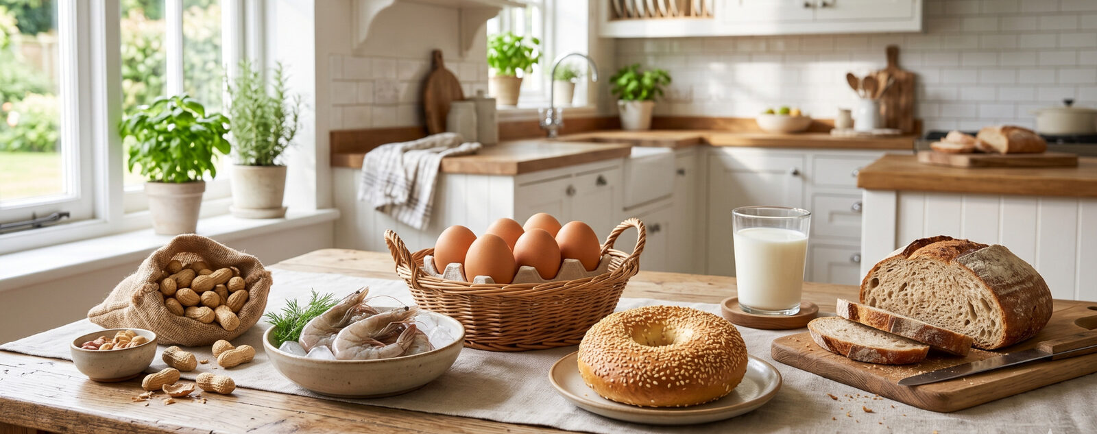 Bright kitchen counter with common food allergens: peanuts, shrimp, eggs, milk, sesame bagel, and wheat bread
