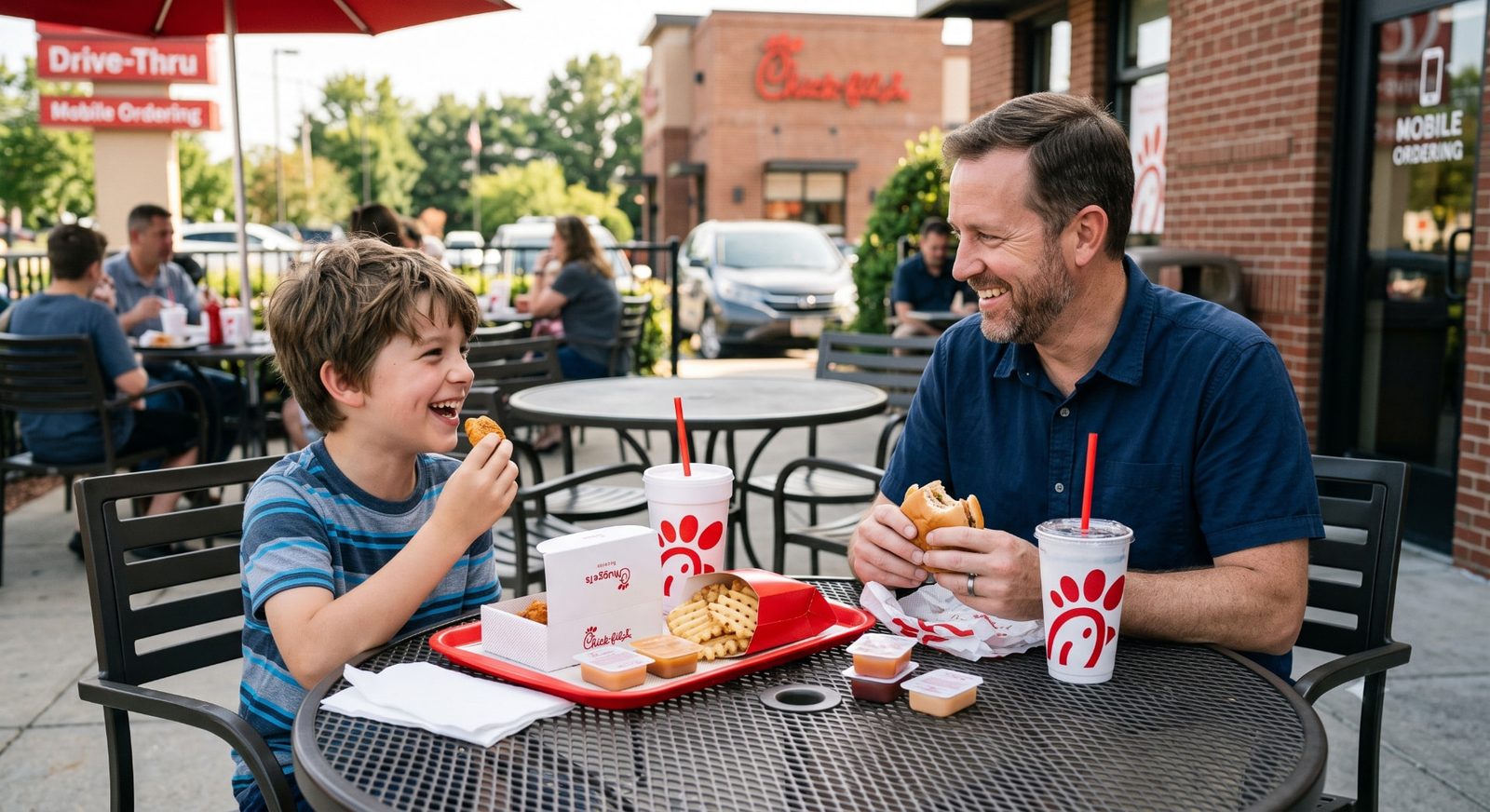 Father and young son laughing over nuggets, waffle fries, and drinks at an outdoor Chick-fil-A patio table