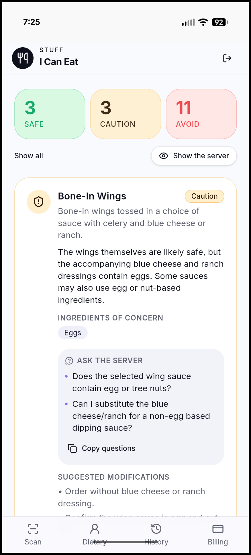 Screenshot of a color-coded restaurant menu scan result in Stuff I Can Eat