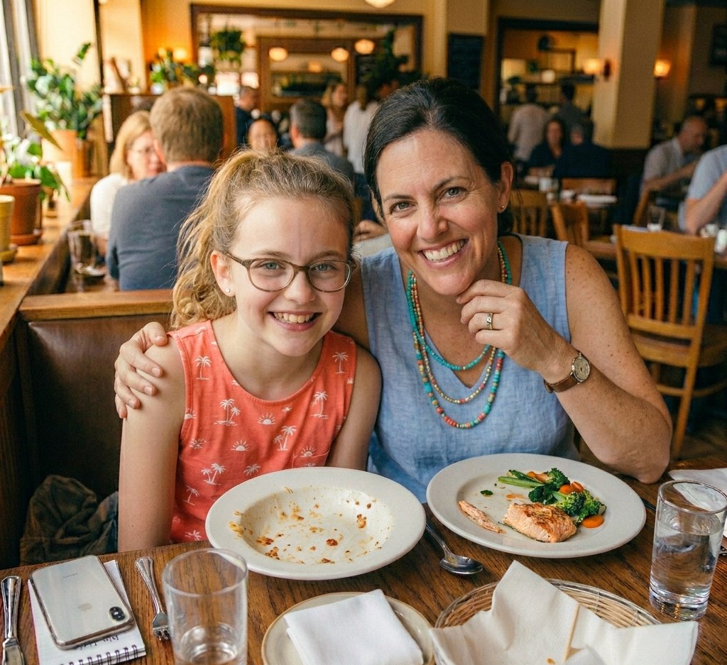 Mother and daughter smiling together at a restaurant, finished plates in front of them