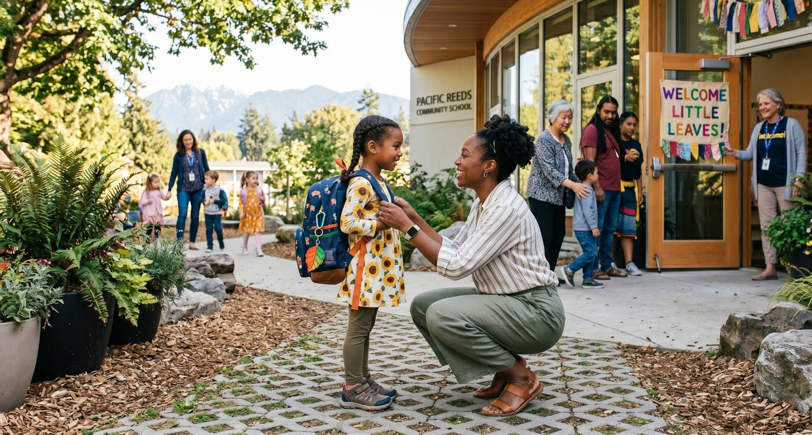 Mother kneeling to adjust her kindergarten daughter's backpack outside a community school on the first day
