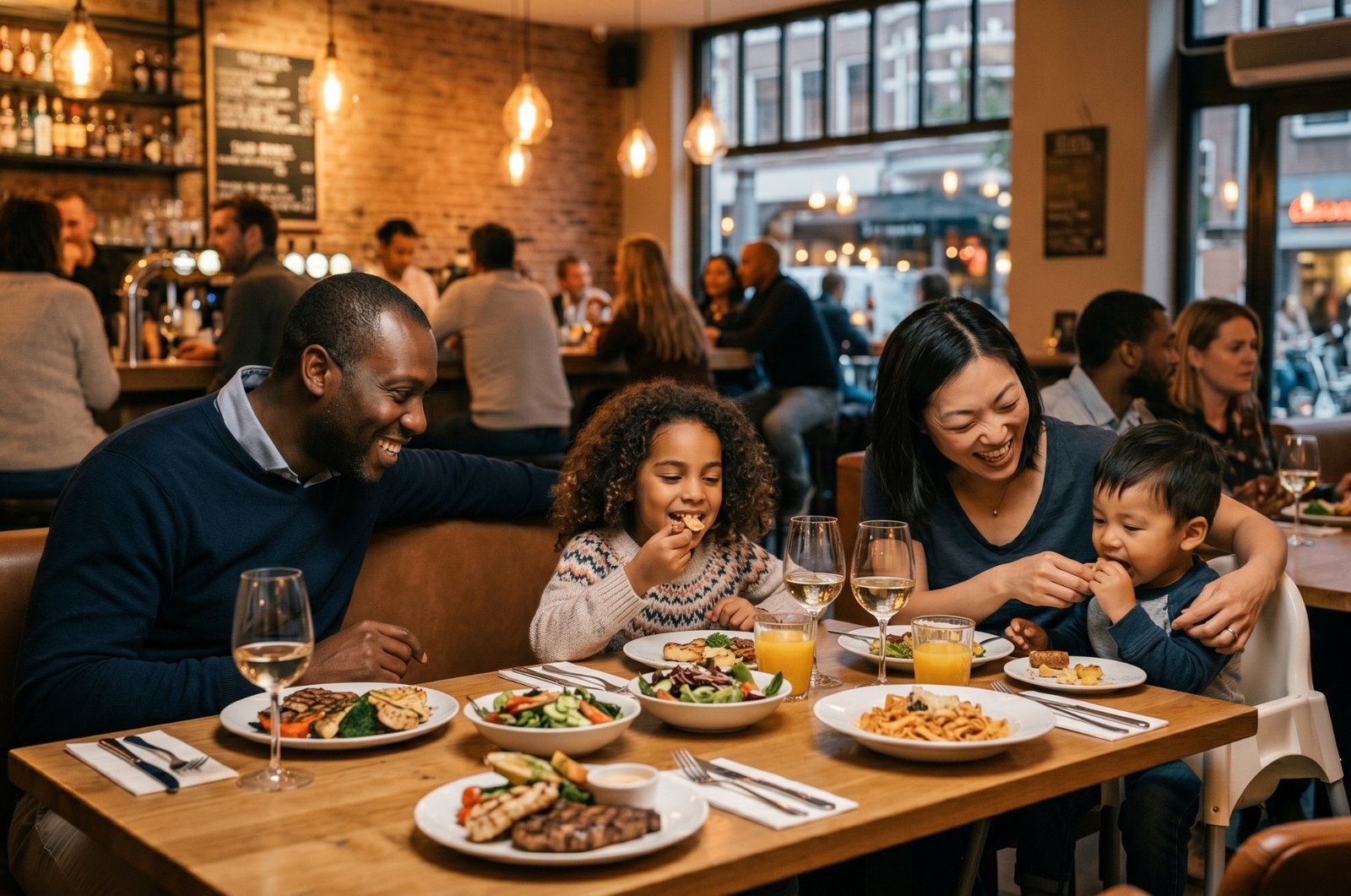 Happy family enjoying a safe meal together at a cozy restaurant