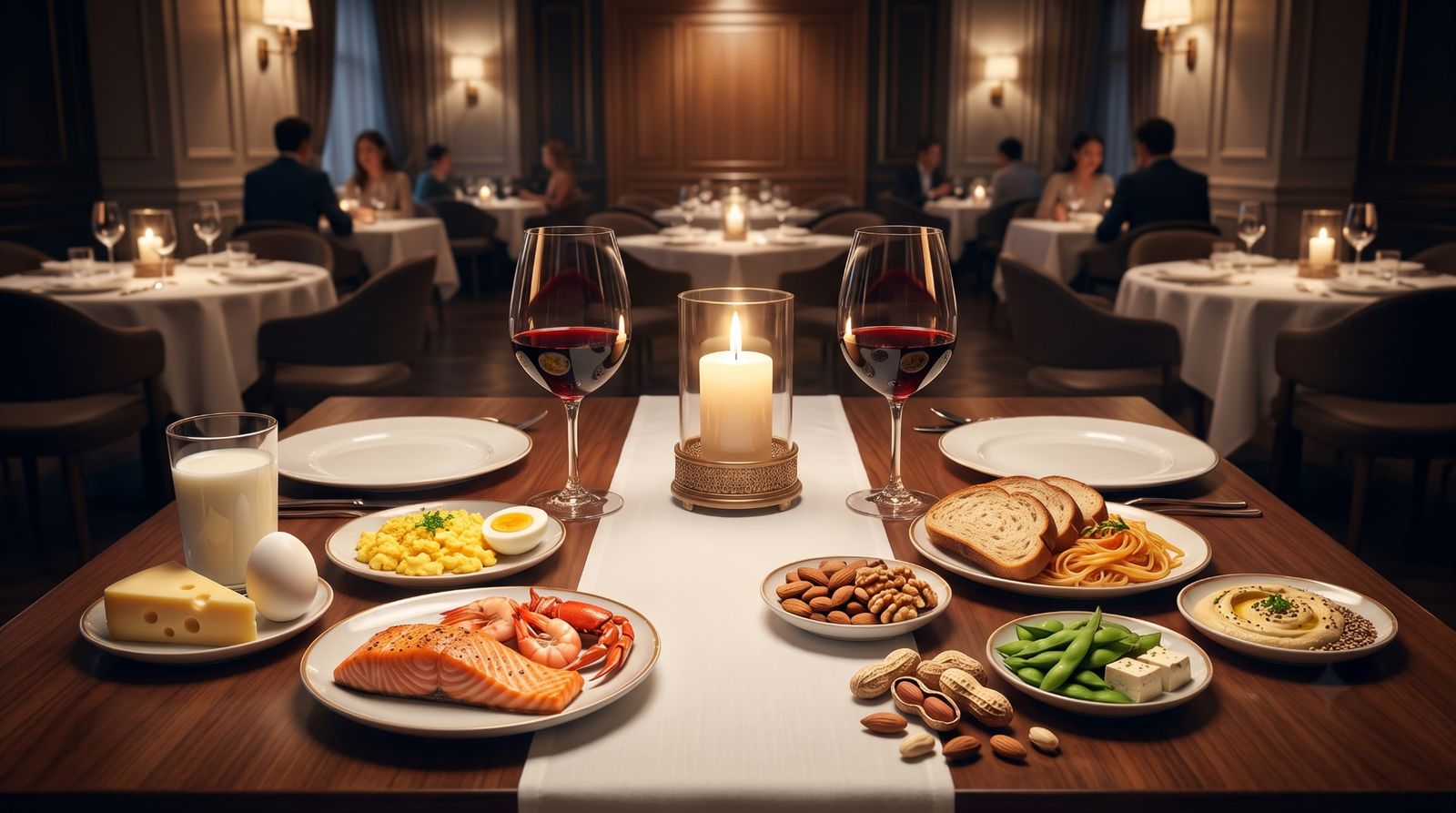Candlelit restaurant table set for two surrounded by plates of common allergen foods