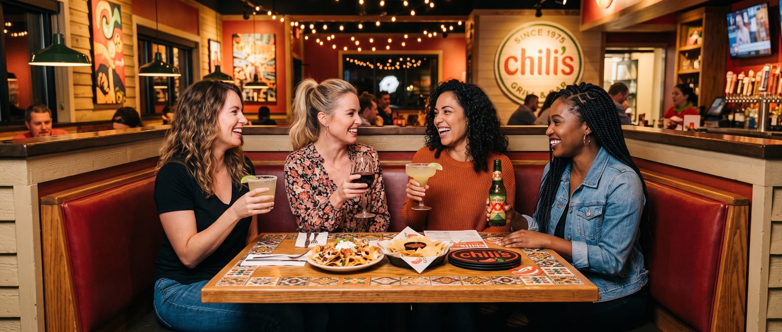 Four friends laughing over margaritas, nachos, and chips in a Chili's Grill & Bar booth