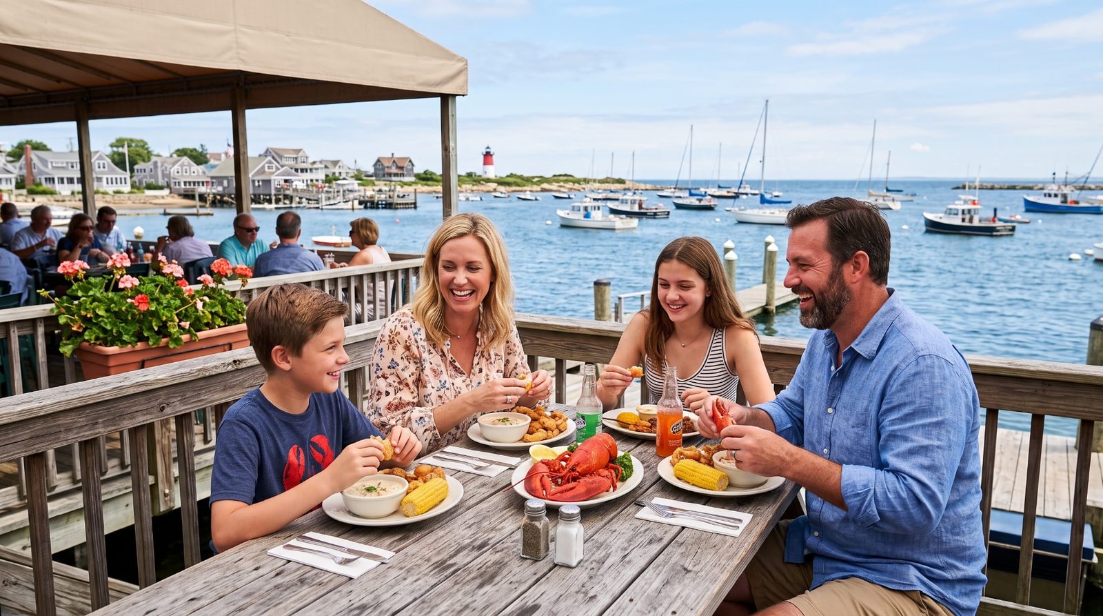 Family of four laughing over lobster, fried seafood, and chowder at a harborside Cape Cod restaurant deck