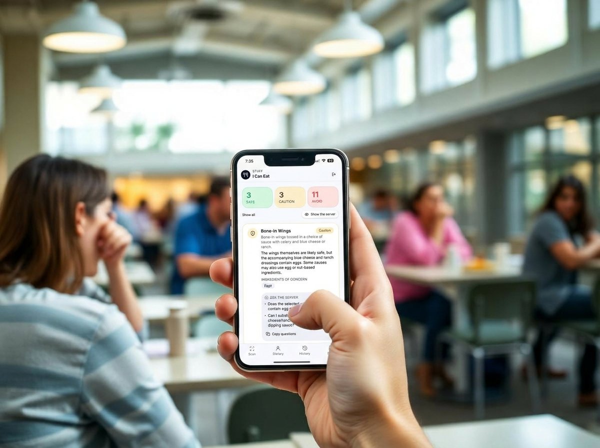 Student scanning a campus dining hall menu with the Stuff I Can Eat app