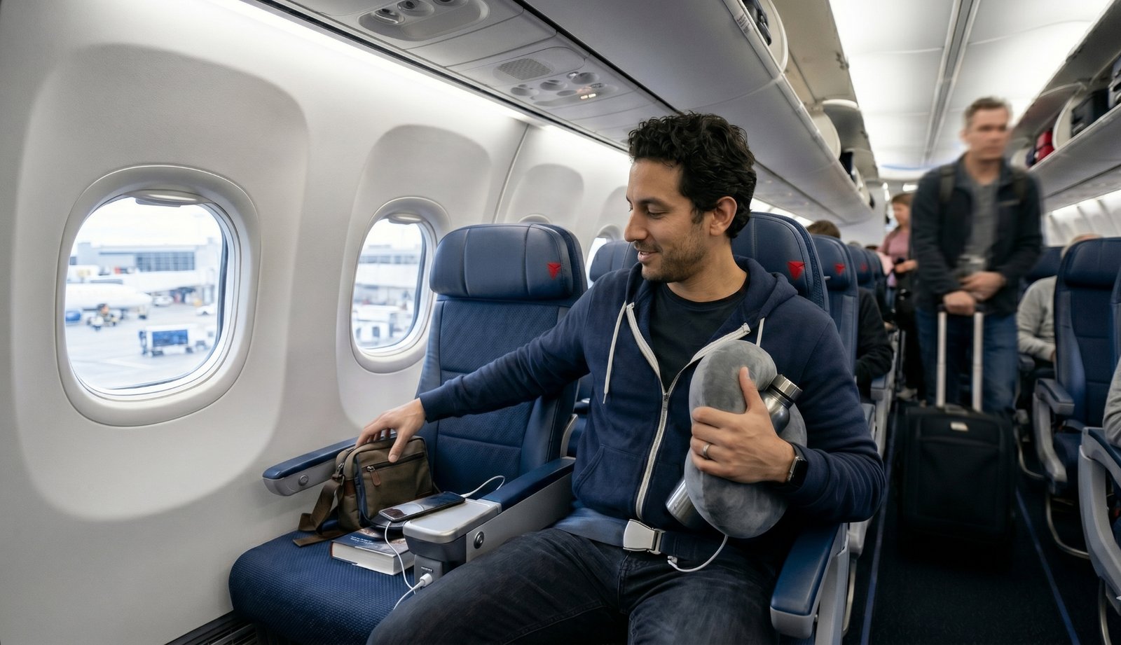 Traveler settling into an airplane seat with carry-on and travel pillow