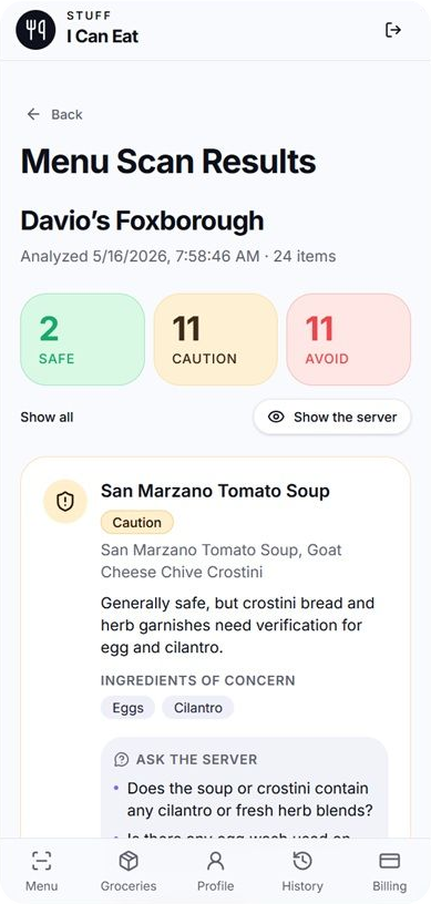 Menu scan results screen showing safe, caution, and avoid counts for a restaurant menu