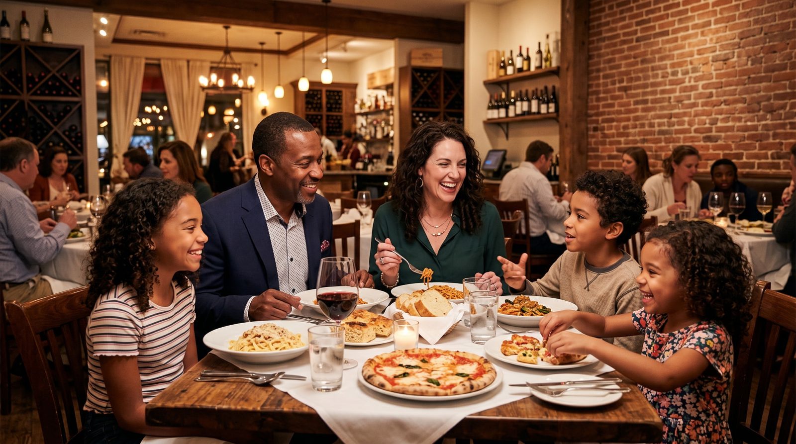 Family with three children sharing pasta and pizza at a warm brick-walled Providence Italian restaurant