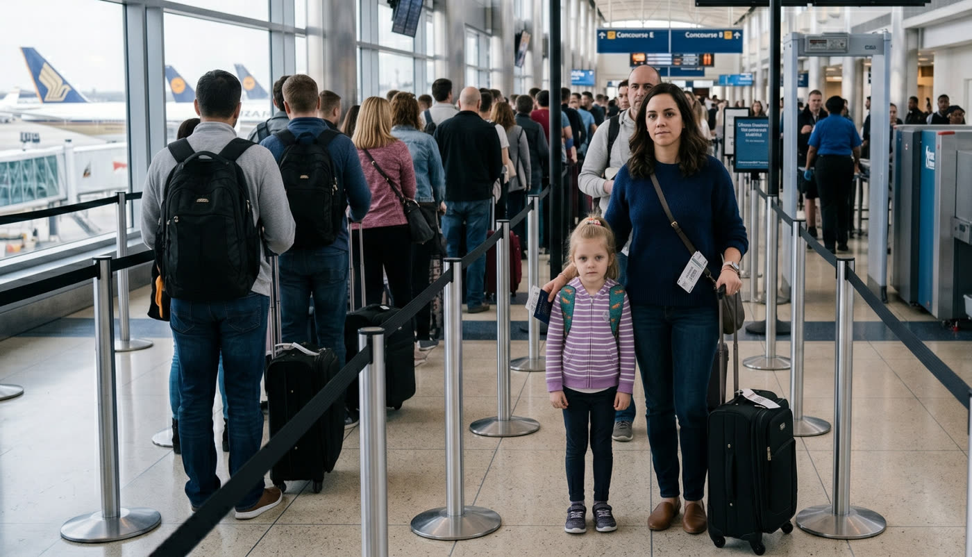 Mother and young daughter waiting in an airport security line with carry-on luggage