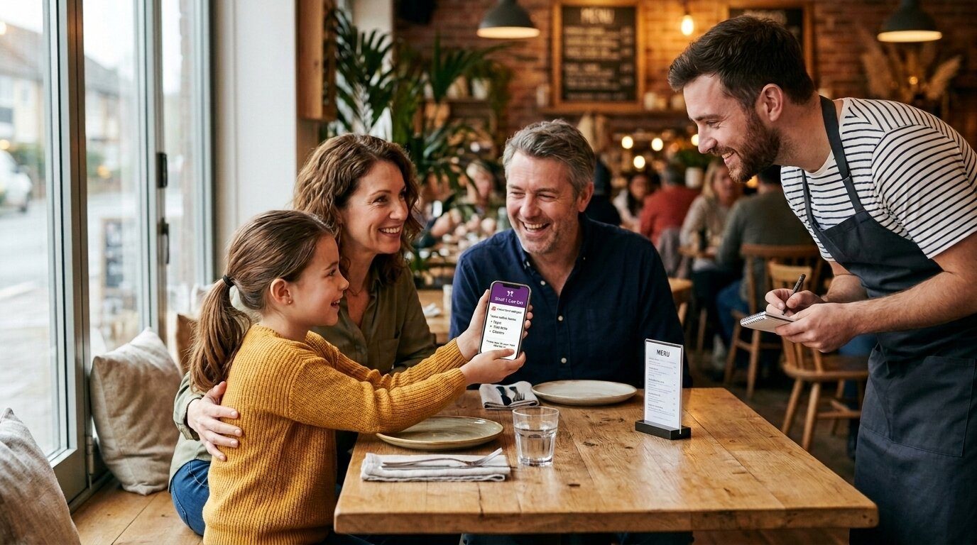 Smiling family showing their digital allergy card on a phone to a friendly server in a cozy restaurant