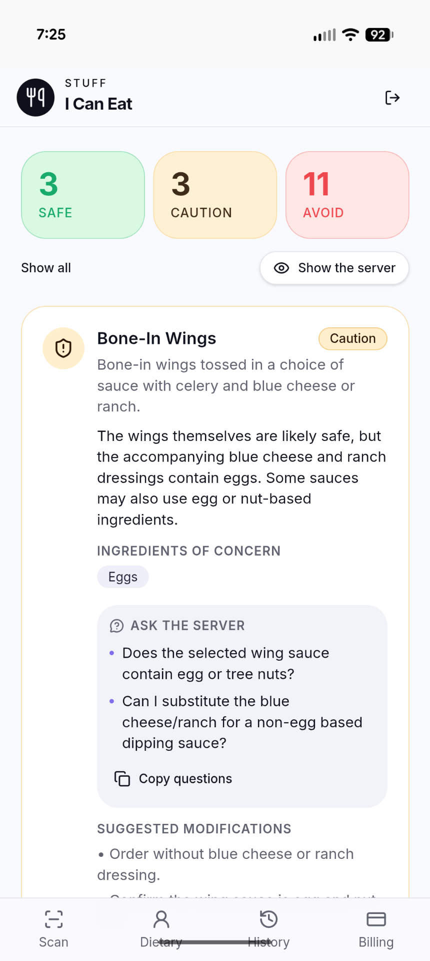 Stuff I Can Eat app showing scan results: 3 safe, 3 caution, 11 avoid items with detailed allergen breakdown
