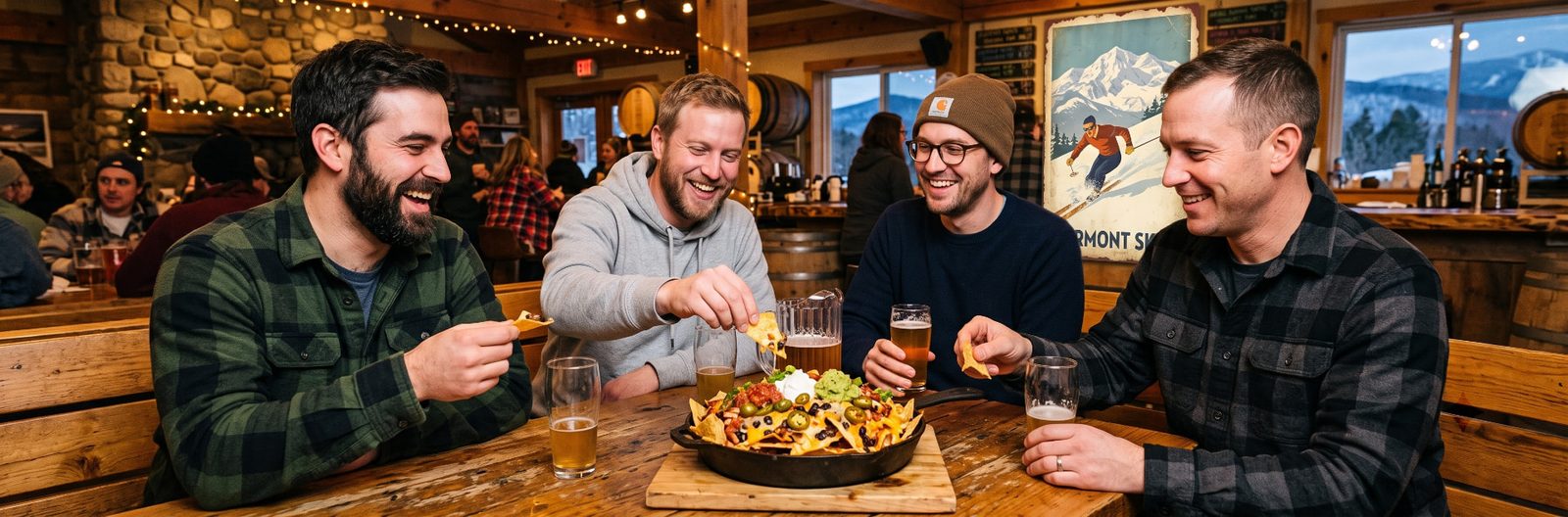Four friends laughing over a skillet of nachos and beers in a rustic Vermont pub in Burlington