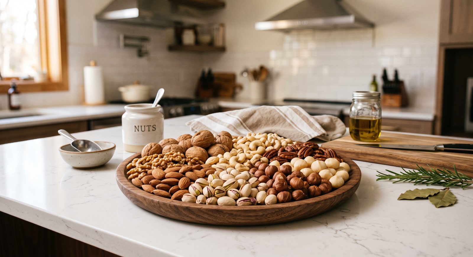 Wooden tray of assorted tree nuts — walnuts, almonds, cashews, pecans, pistachios, hazelnuts, and macadamia nuts — on a bright kitchen counter
