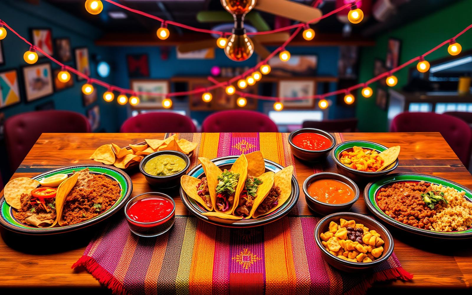 Colorful Mexican restaurant table with tacos, guacamole, salsas, rice, tortilla chips, and warm string lights overhead