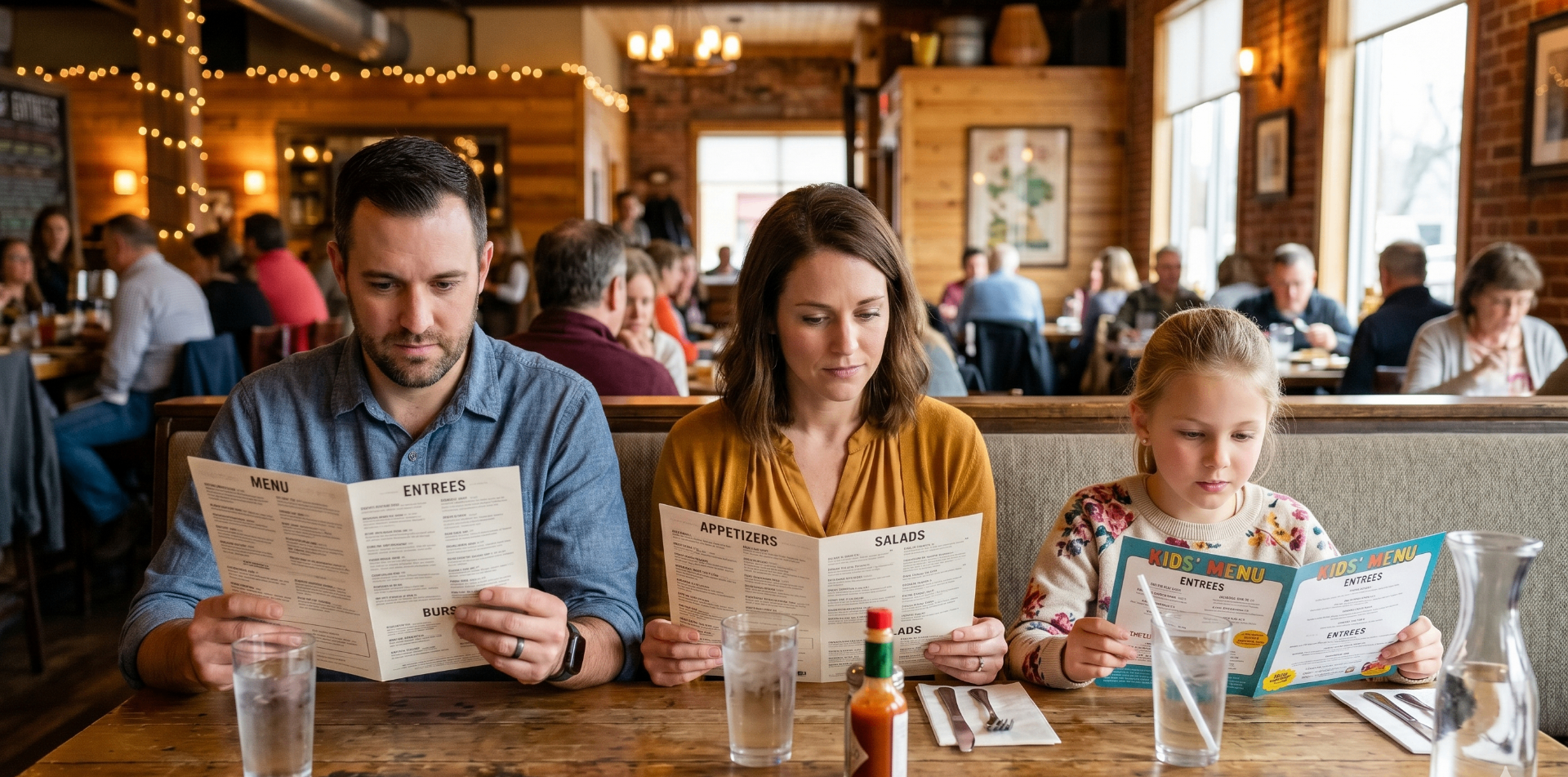Family of three reading menus together at a restaurant booth