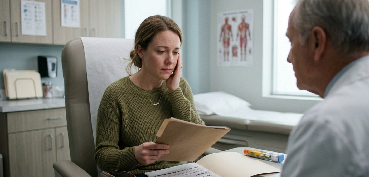 Newly diagnosed woman talking with her doctor about food allergies