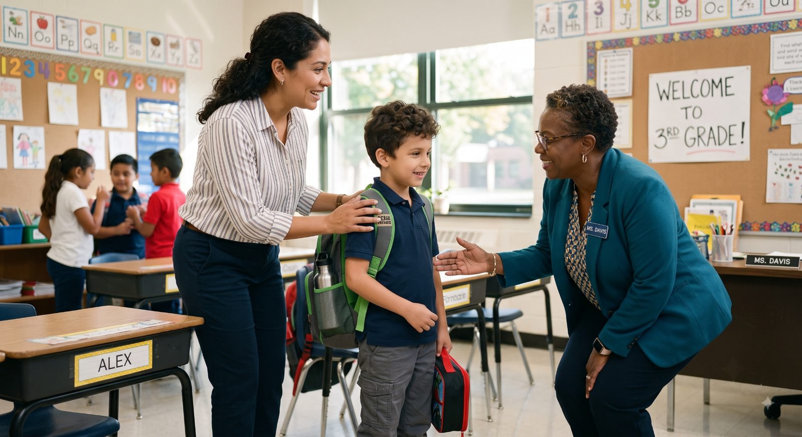 Parent and teacher greeting a young boy with a backpack and lunchbox on the first day of school