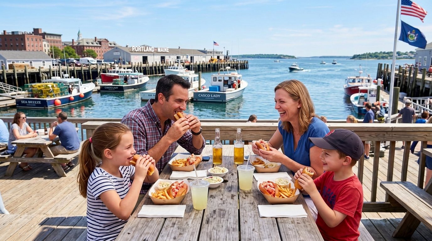 Family of four laughing over wood-fired pizza at an outdoor brick patio table in Portland, Maine