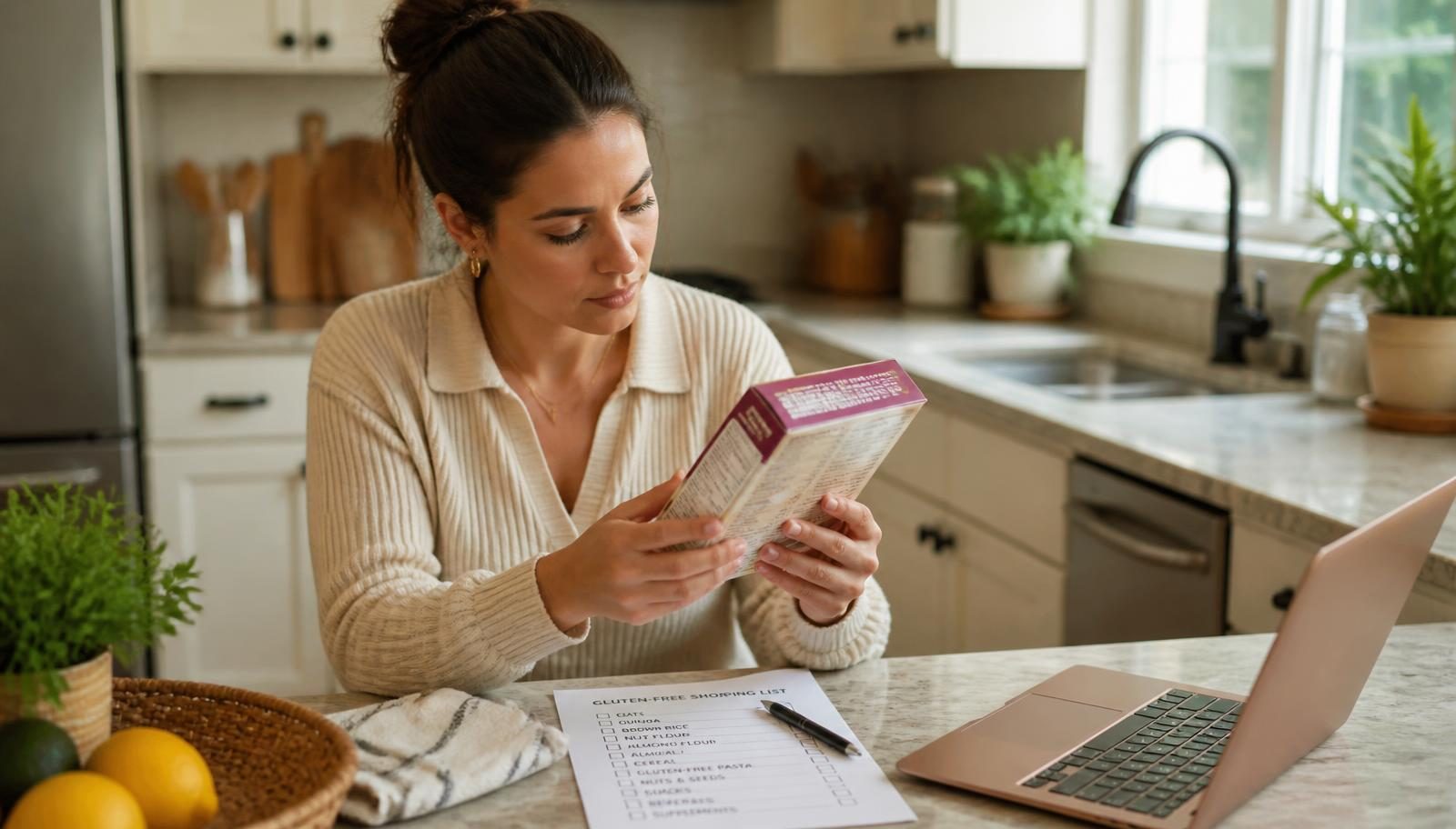 Woman at a bright kitchen counter reading the ingredient panel on a packaged food box beside a gluten-free shopping checklist