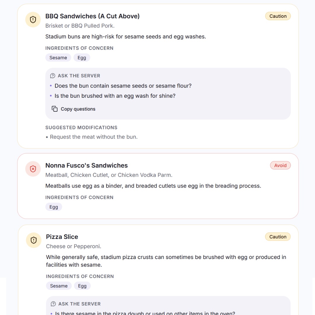 Menu scan results showing safe, caution, and avoid items flagged for allergens