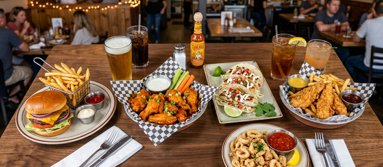 Restaurant table spread with burger, fries, wings, fish tacos, and chicken tenders in a casual dining room