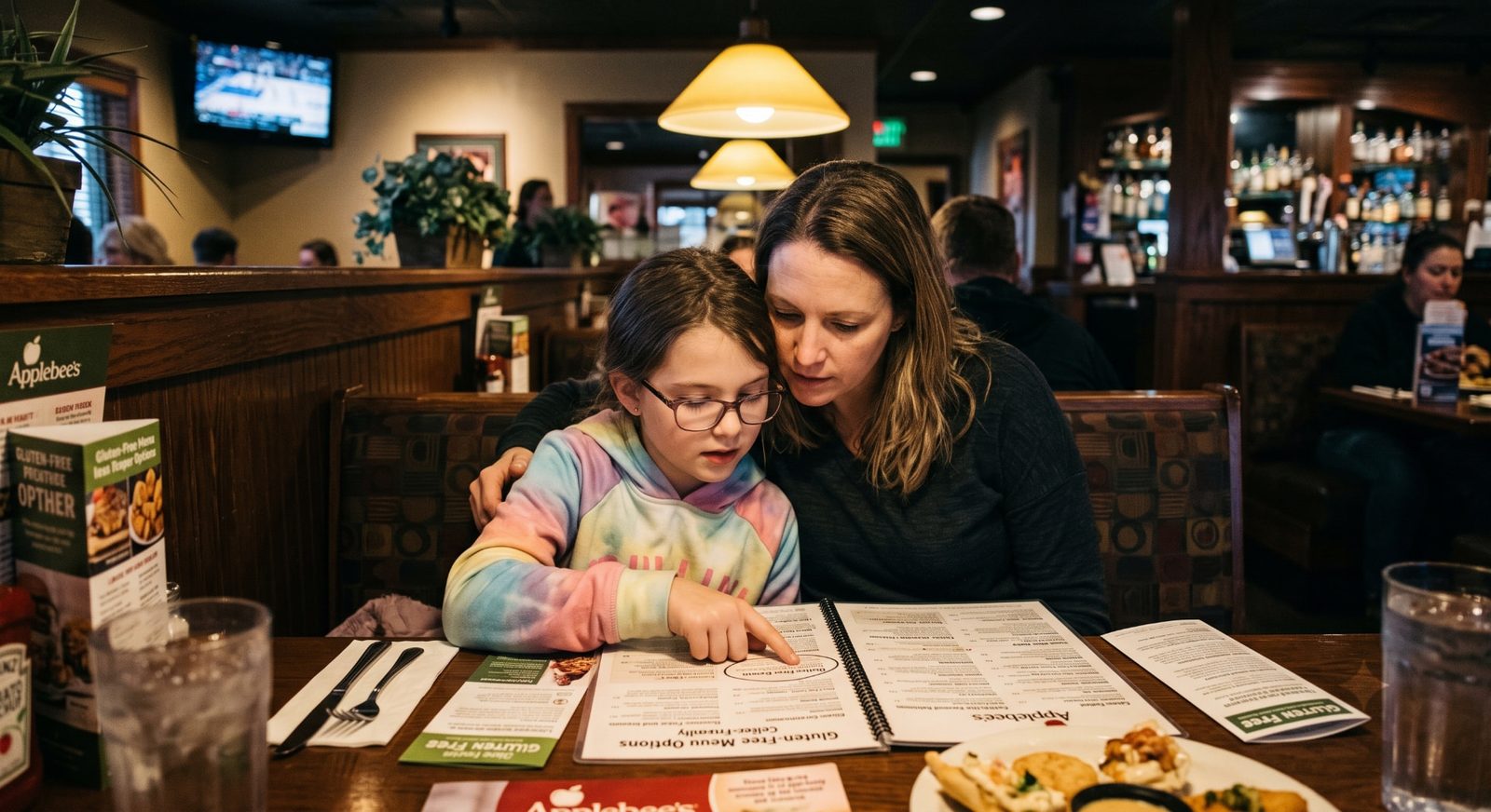 Mother and daughter reviewing a gluten-free menu together in a casual dining restaurant booth