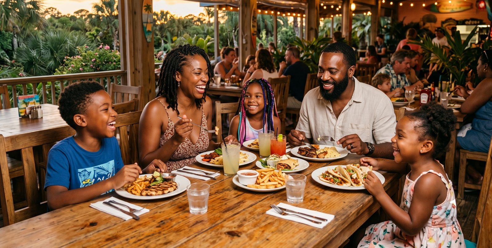 Family of five laughing over tacos, fries, and grilled plates at an outdoor Orlando restaurant patio at sunset