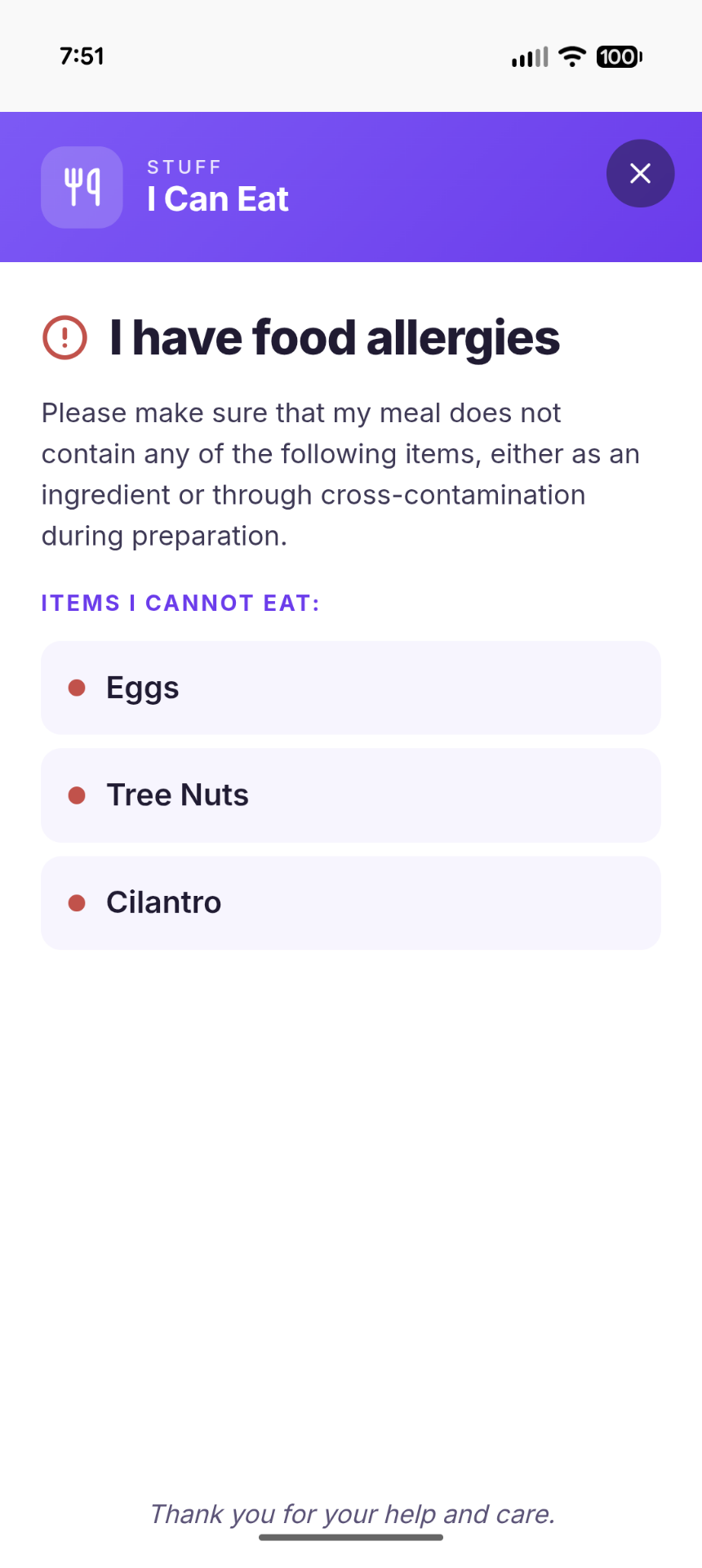 Allergy card in English — I have food allergies