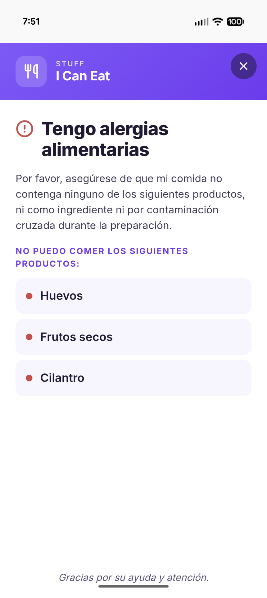 Allergy card in Spanish — Tengo alergias alimentarias