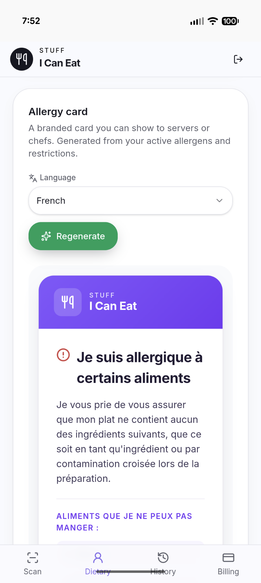 Generating an allergy card in French from the profile screen